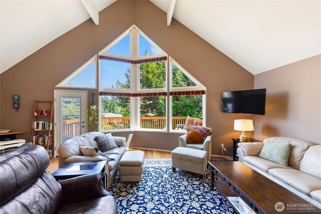 495 Colville Ln, Conner, WA 98257 - living room featuring wood finished floors, high vaulted ceiling, and beam ceiling