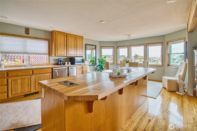 4020 Mayne Ln, Ferndale, WA 98248 - kitchen featuring a sink, wood counters, stainless steel appliances, light wood-style floors, and a textured ceiling