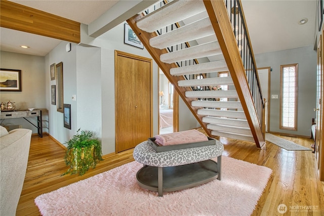 4020 Mayne Ln, Ferndale, WA 98248 - stairs with wood finished floors, baseboards, and beam ceiling