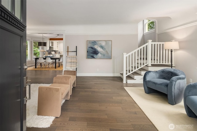 421 16th Ave E, Seattle, WA 98112 - living area with stairs, dark wood finished floors, and baseboards
