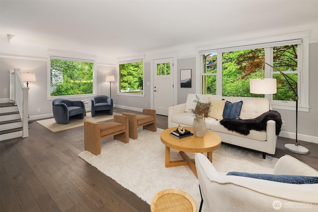 421 16th Ave E, Seattle, WA 98112 - living room featuring baseboards, stairs, and dark wood finished floors