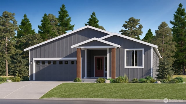 modern home with a front yard, an attached garage, and concrete driveway