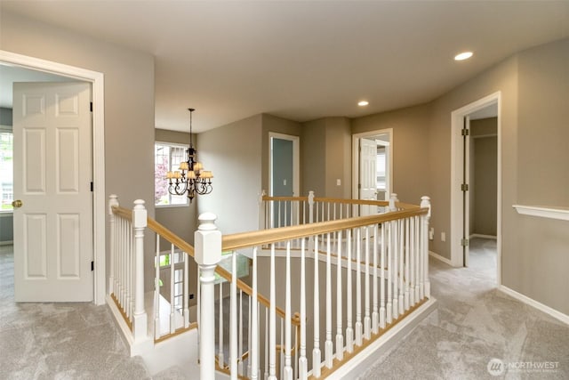 3612 Spyglass Dr NE, Tacoma, WA 98422 - hall featuring an upstairs landing, carpet floors, a chandelier, and recessed lighting
