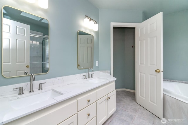 3612 Spyglass Dr NE, Tacoma, WA 98422 - bathroom featuring tile patterned floors, tiled shower, double vanity, and a bath