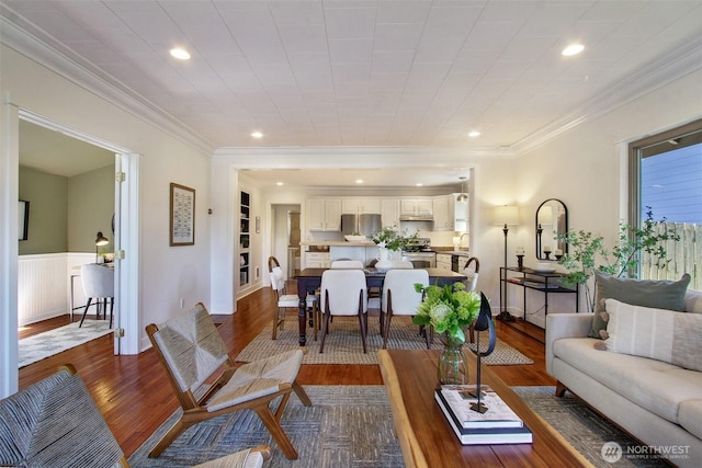 7508 13th Ave SW, Seattle, WA 98106 - living room with dark wood-style flooring, ornamental molding, and recessed lighting
