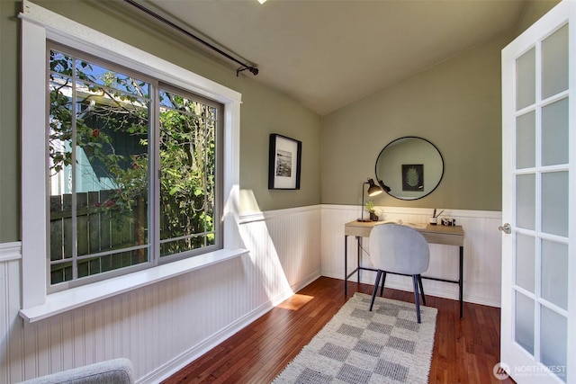 7508 13th Ave SW, Seattle, WA 98106 - home office featuring a wainscoted wall, wood finished floors, and vaulted ceiling