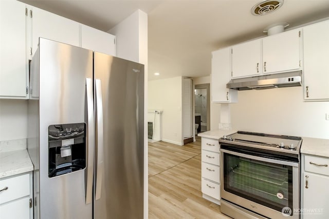 kitchen with stainless steel appliances, under cabinet range hood, light wood finished floors, and white cabinetry