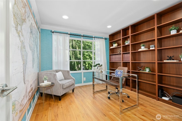 4877 167th Ave SE, Bellevue, WA 98006 - office area with crown molding, baseboards, wood finished floors, and recessed lighting