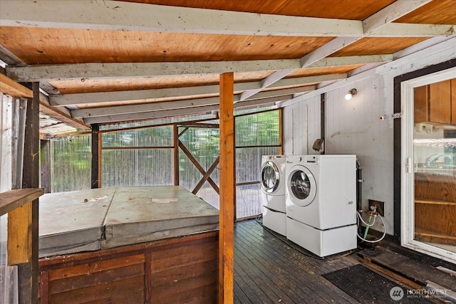 44119 Fir Rd, Gold Bar, WA 98251 - washroom featuring washing machine and clothes dryer and dark wood finished floors