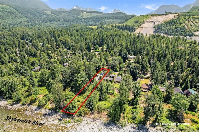 44119 Fir Rd, Gold Bar, WA 98251 - aerial view of property and surrounding area featuring mountains and property boundaries highlighted