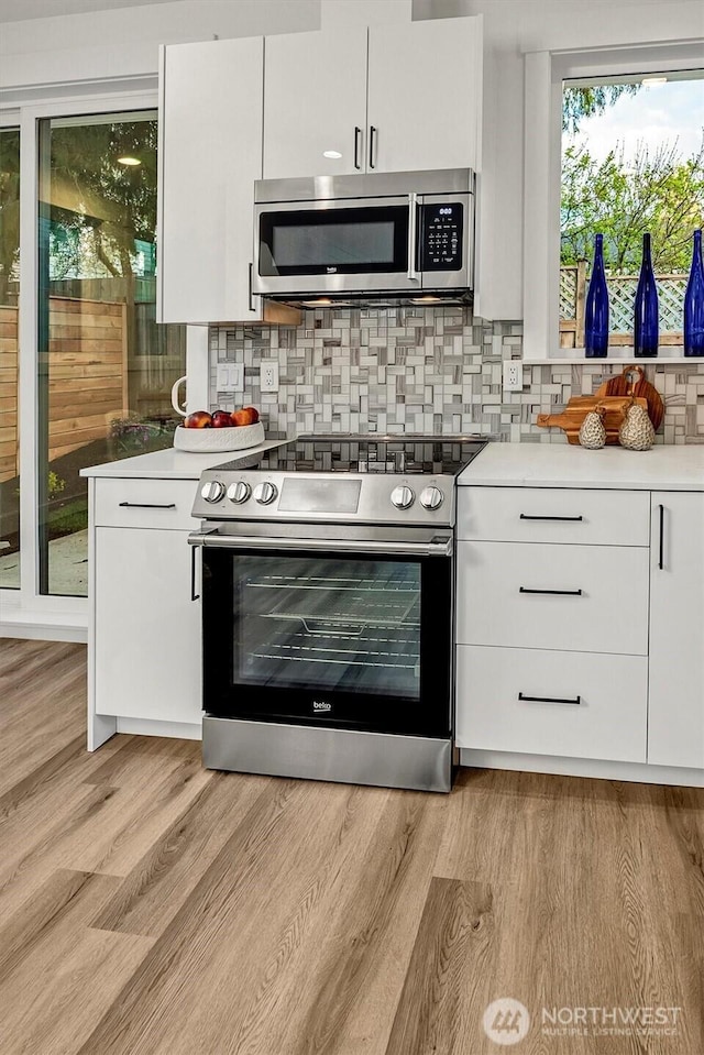 7350 21st Ave NW, Seattle, WA 98117 - kitchen featuring stainless steel appliances, white cabinets, modern cabinets, and tasteful backsplash
