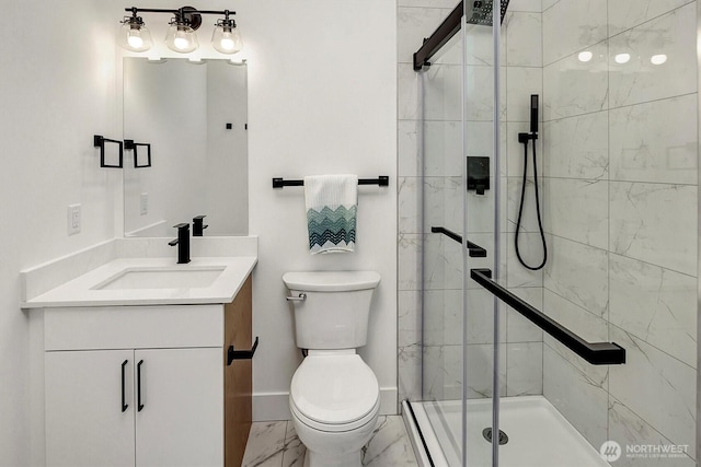 7350 21st Ave NW, Seattle, WA 98117 - bathroom with vanity, a shower stall, and marble look tiles
