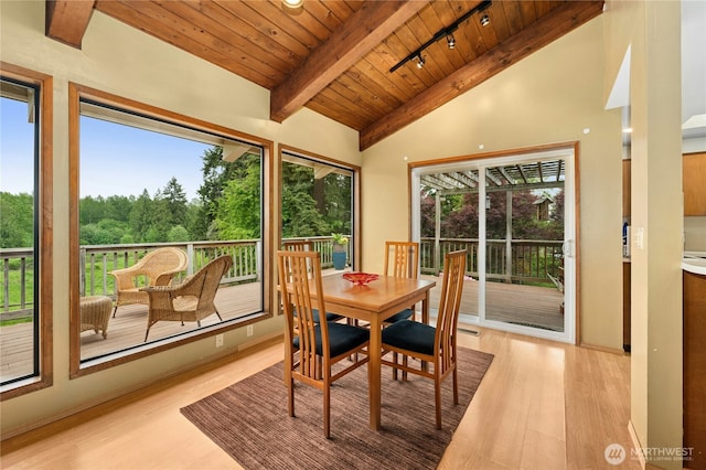 10410 260th St E, Graham, WA 98338 - dining space featuring light wood-type flooring, wooden ceiling, and rail lighting