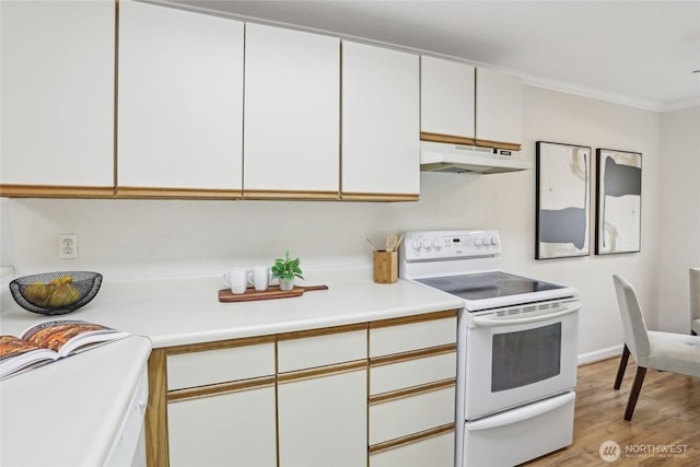 260 Newport Way NW Unit C24, Issaquah, WA 98027 - kitchen featuring electric stove, under cabinet range hood, light countertops, light wood-type flooring, and white cabinets