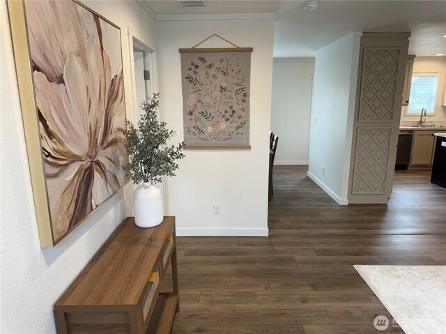 702 Bryce Pl SW, Mattawa, WA 99349 - corridor featuring ornamental molding, baseboards, dark wood finished floors, and a sink