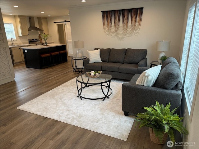 702 Bryce Pl SW, Mattawa, WA 99349 - living room with a barn door, wood finished floors, and recessed lighting