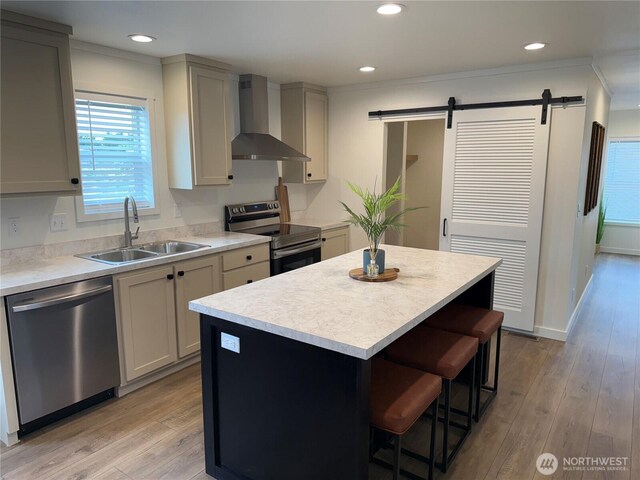 702 Bryce Pl SW, Mattawa, WA 99349 - kitchen with stainless steel appliances, wall chimney exhaust hood, a sink, a barn door, and light wood-type flooring
