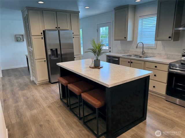 702 Bryce Pl SW, Mattawa, WA 99349 - kitchen featuring appliances with stainless steel finishes, a sink, light countertops, recessed lighting, and light wood finished floors