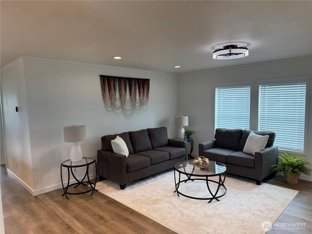 702 Bryce Pl SW, Mattawa, WA 99349 - living room with wood finished floors, ornamental molding, baseboards, and recessed lighting
