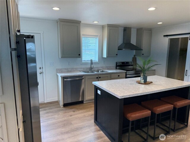 702 Bryce Pl SW, Mattawa, WA 99349 - kitchen featuring appliances with stainless steel finishes, a sink, wall chimney range hood, gray cabinetry, and light countertops