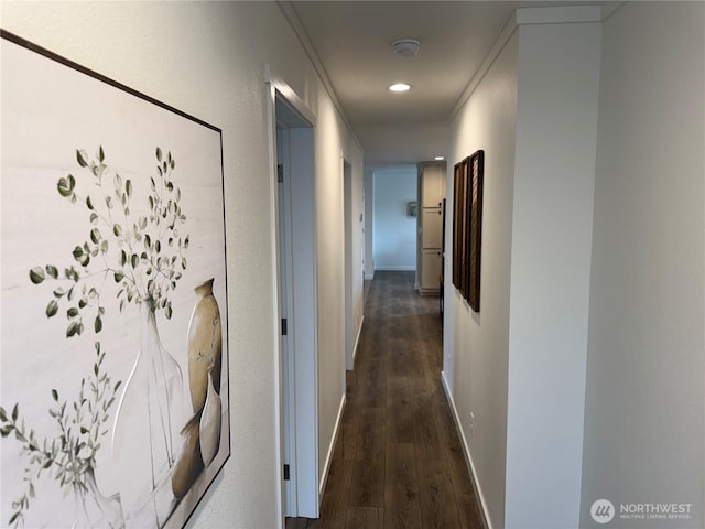 702 Bryce Pl SW, Mattawa, WA 99349 - hall with dark wood-style floors, baseboards, and ornamental molding