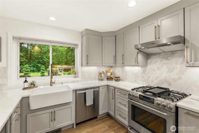 464 7th Ave, Fox Island, WA 98333 - kitchen with appliances with stainless steel finishes, under cabinet range hood, a sink, gray cabinets, and light countertops
