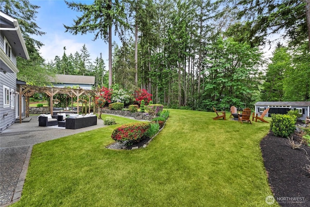 464 7th Ave, Fox Island, WA 98333 - view of grassy yard featuring a pergola, outdoor lounge area, and a patio area