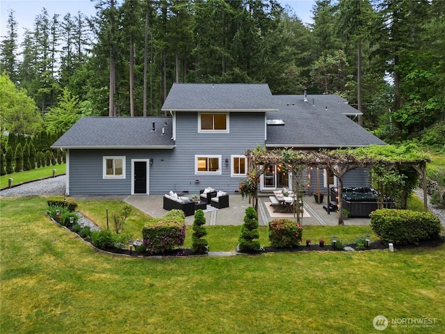 464 7th Ave, Fox Island, WA 98333 - rear view of property with outdoor lounge area, a hot tub, a pergola, a yard, and a patio area
