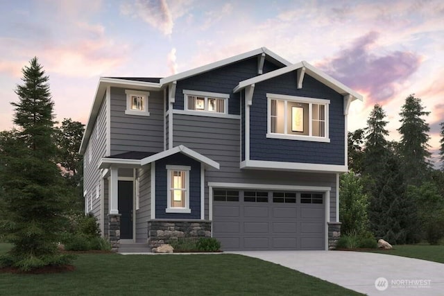 10812 43rd Ave SE, Everett, WA 98208 - craftsman house with stone siding, concrete driveway, a garage, and a front lawn