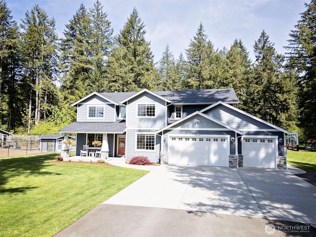 traditional-style house featuring covered porch, a garage, concrete driveway, stone siding, and a shingled roof