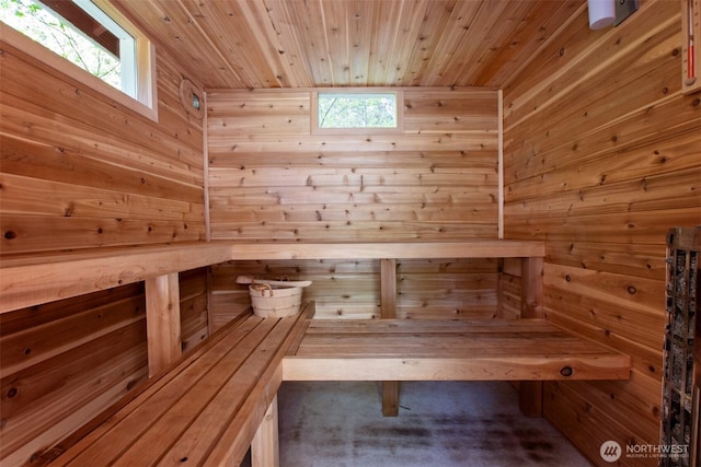 sauna / steam room featuring wood walls, wood ceiling, and carpet flooring