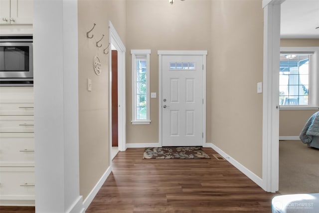 foyer featuring dark wood-style flooring, healthy amount of natural light, and baseboards