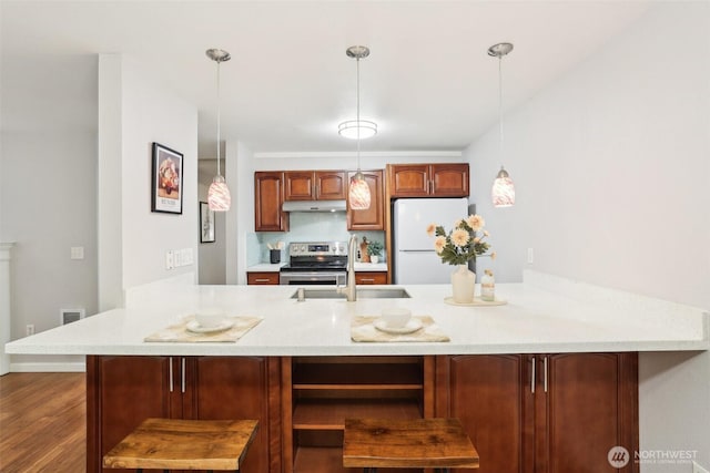 13209 Newcastle Way Unit A308, Newcastle, WA 98059 - kitchen with freestanding refrigerator, electric stove, under cabinet range hood, a sink, and a peninsula