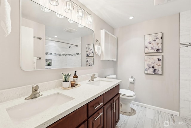 13209 Newcastle Way Unit A308, Newcastle, WA 98059 - full bathroom with toilet, a tile shower, double vanity, and recessed lighting