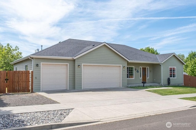 ranch-style home featuring a garage, driveway, fence, and roof with shingles