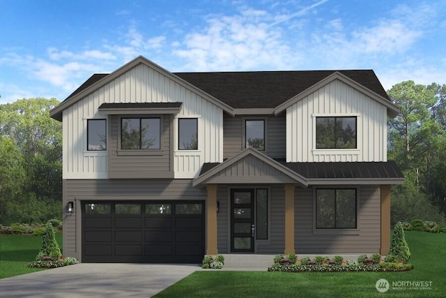 modern inspired farmhouse featuring board and batten siding, driveway, a garage, and a front yard