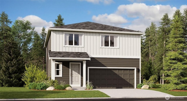 view of front of home with a garage, driveway, board and batten siding, and a front lawn