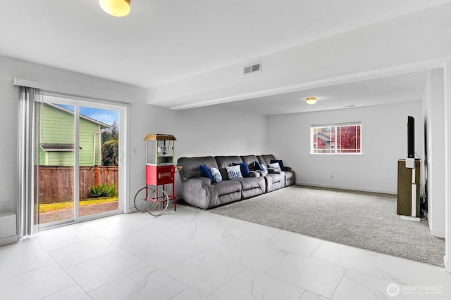 17421 73rd Ave NE, Arlington, WA 98223 - living room with carpet flooring, marble finish floors, and baseboards