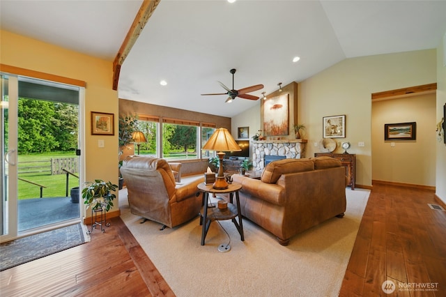52 Buttonquail Ln, Walla Walla, WA 99362 - living area featuring vaulted ceiling, hardwood / wood-style flooring, a ceiling fan, healthy amount of natural light, and recessed lighting