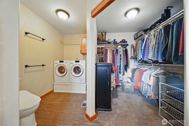 52 Buttonquail Ln, Walla Walla, WA 99362 - laundry area featuring separate washer and dryer, carpet, and baseboards
