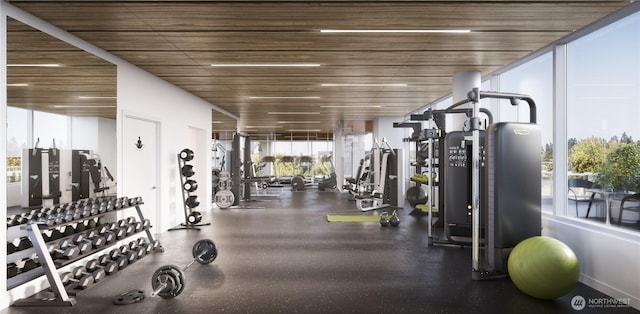 10232 NE 10th St Unit 506, Bellevue, WA 98004 - exercise room with expansive windows and wood ceiling
