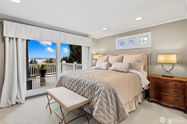 carpeted bedroom with ornamental molding, access to exterior, and recessed lighting
