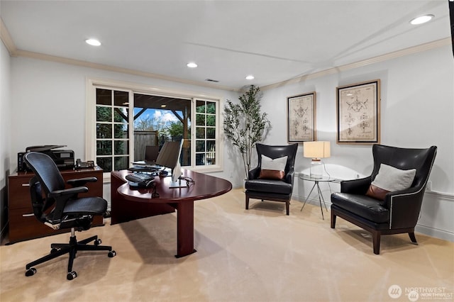 home office with ornamental molding, carpet flooring, recessed lighting, and baseboards