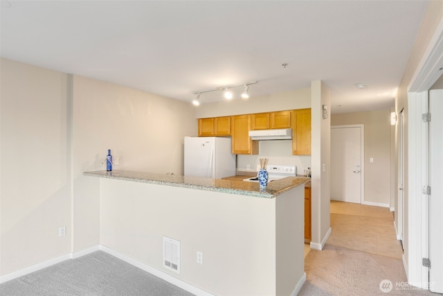 303 23rd Ave S Unit 308, Seattle, WA 98144 - kitchen with white appliances, under cabinet range hood, light colored carpet, a peninsula, and light tile patterned flooring