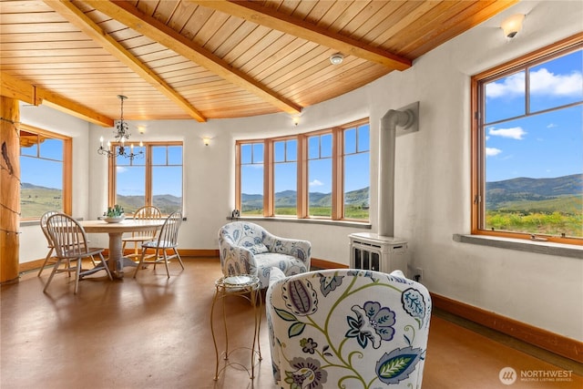 3B Johnny Haase Ln, Winthrop, WA 98862 - living area featuring concrete floors, a mountain view, wooden ceiling with exposed beams, and plenty of natural light