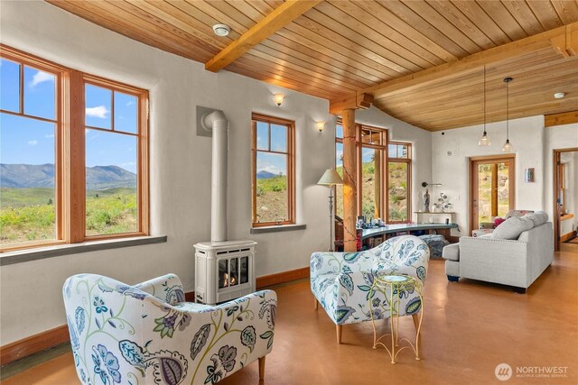 3B Johnny Haase Ln, Winthrop, WA 98862 - living area with baseboards, wood ceiling, a mountain view, a wood stove, and finished concrete flooring