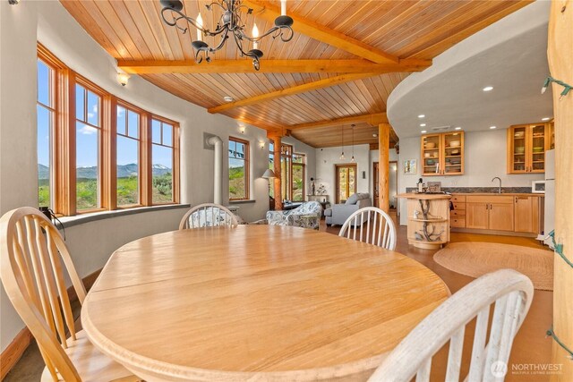 3B Johnny Haase Ln, Winthrop, WA 98862 - dining area with wood ceiling with exposed beams, a chandelier, and light wood finished floors