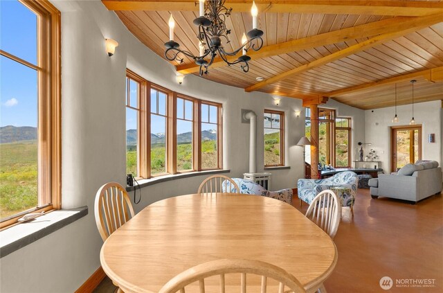 3B Johnny Haase Ln, Winthrop, WA 98862 - dining room with a mountain view, a chandelier, healthy amount of natural light, wooden ceiling with exposed beams, and baseboards