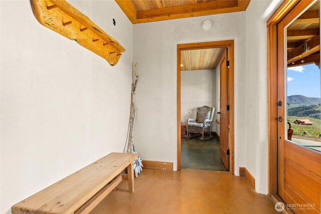3B Johnny Haase Ln, Winthrop, WA 98862 - corridor featuring wooden ceiling, finished concrete flooring, and a mountain view