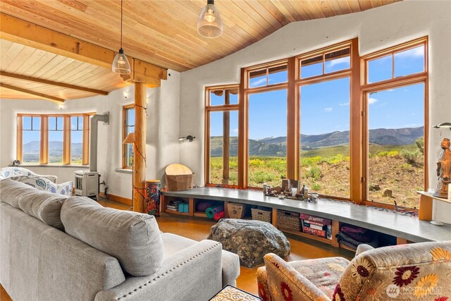 3B Johnny Haase Ln, Winthrop, WA 98862 - living area featuring wooden ceiling, plenty of natural light, wood finished floors, a mountain view, and lofted ceiling